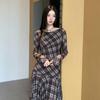 Elegant Plaid Waist-Cinched Midi Dress for Spring