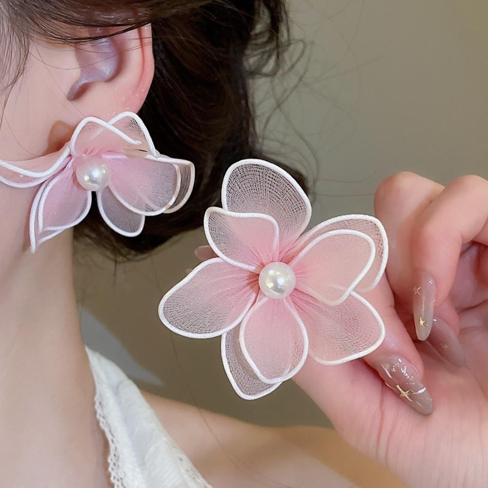 Pearl Iron Mesh Flower Earrings Iron Wire Ladies Stud Earrings  Spring Summer Beach