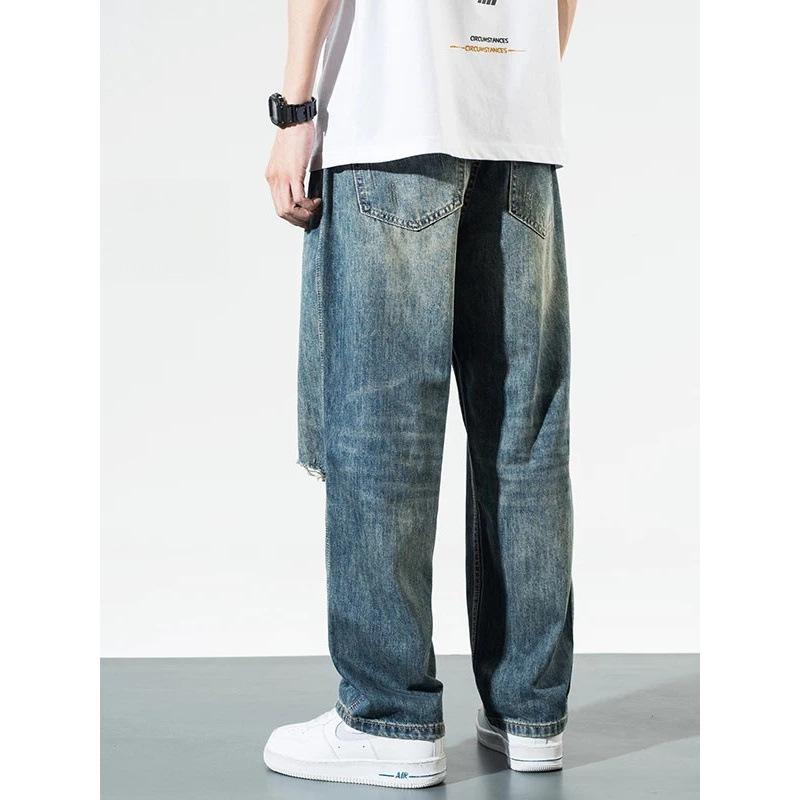 Spring and summer American washed retro jeans men's loose wide-leg drape straight trousers ripped and worn beggar pants tide
