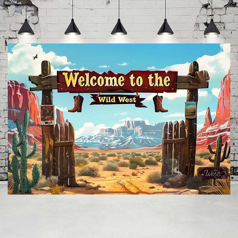 1 Wild West Welcome Polyester Background - Cowboy Boots and Cactus Desert Scenes, Suitable for Western Parties, Birthdays