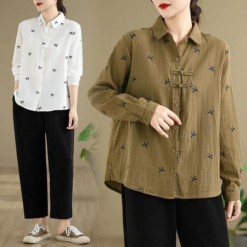 Spring and Autumn Cotton Long-sleeved Shirt Women Chinese Style Embroidered Blouse Women