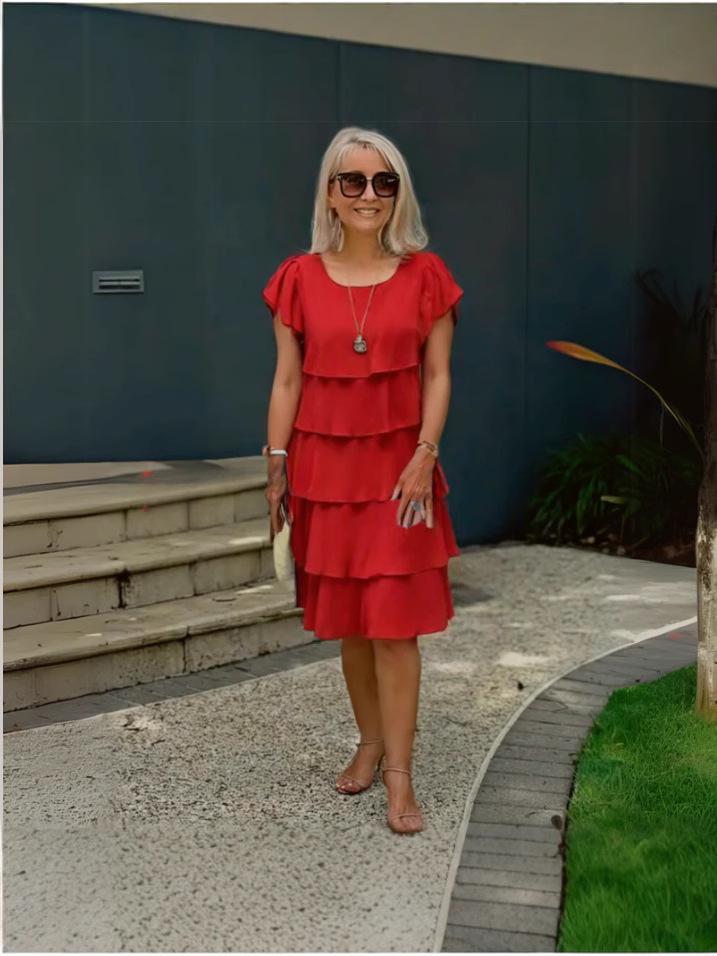 2025 Summer Women's Short Sleeve Tiered Chiffon Dress - European & American Style