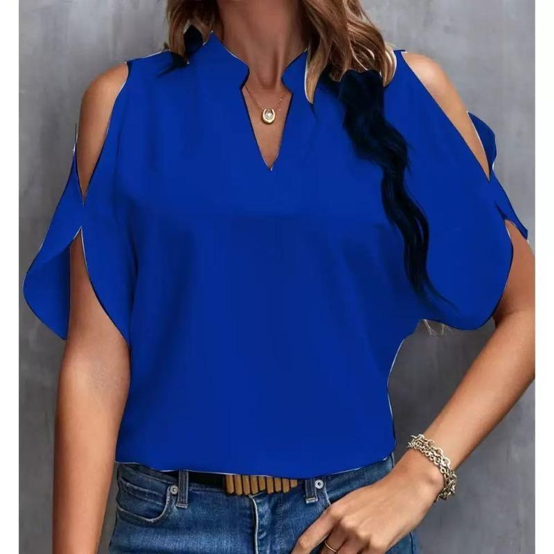 EastRogue Women's Summer Solid Color V-neck Off-the-shoulder Loose Chiffon Top