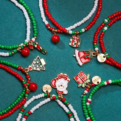 New Hot Snowman Santa Claus Crutch Wreath Pendant Multicolor Rice Beads Bracelet for Women Merry Christmas Zircon Gifts