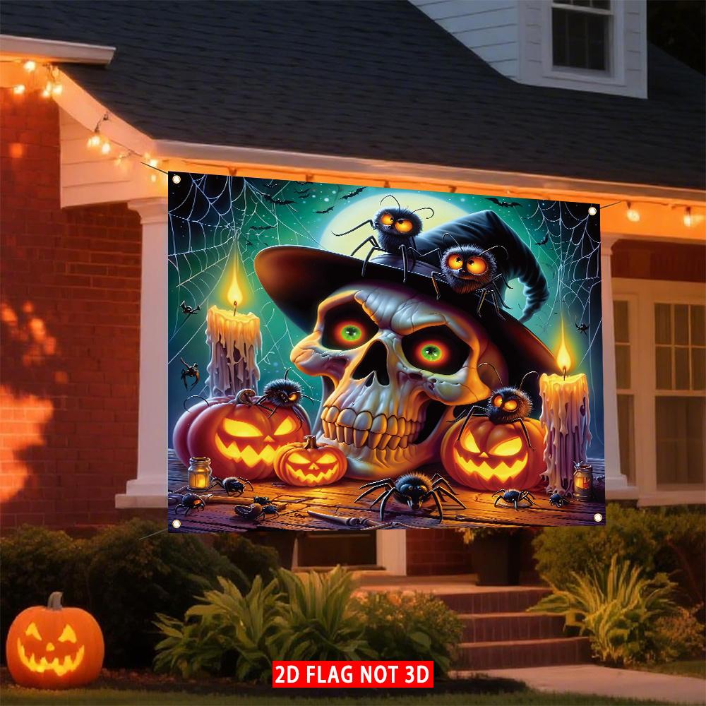 2D Door Flag, 1 Piece, Bizarre Halloween Garage Door Cover Flag - Skull and Spider Pumpkin Design