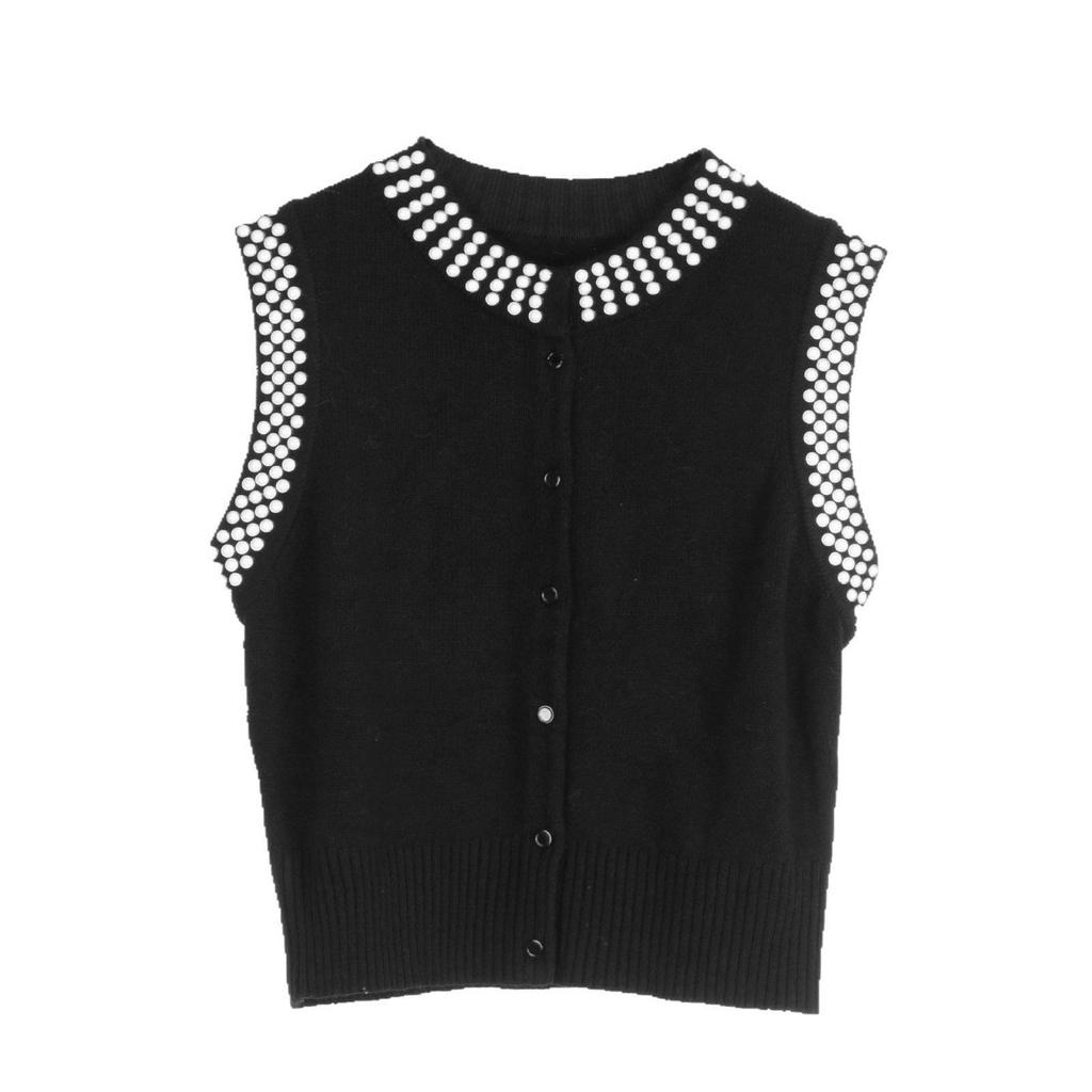 French Beaded Sleeveless Knit Vest – Simple, Versatile, Spring/Summer Women's Round Neck Waistcoat/Cardigan