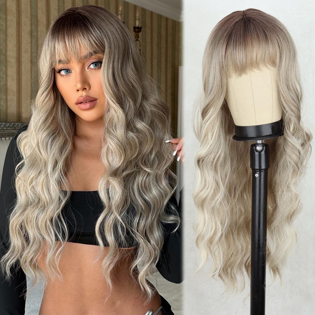 MERISIHAIR Synthetic Long Wavy Wigs With Bangs For Women Cosplay Natural Brown To Light Grey Hair Wig High Temperature Fiber