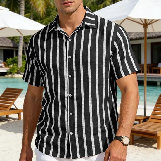 Men Striped Summer Shirt Short Sleeve Turndown Collar Button-up Shirt Casual Loose Fit Holiday Shirt for Beach Party Vacation Date