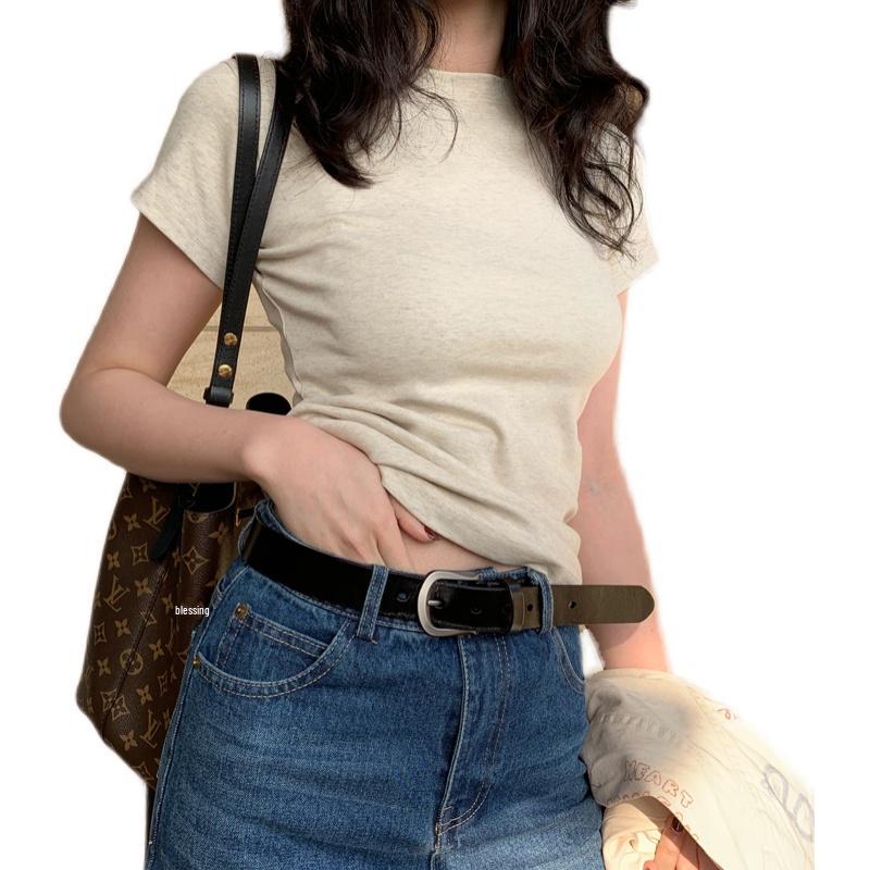 Damen Graues Slim-Fit Kurzarm Rundhals T-Shirt - Sommer 2025 Bauchbedeckendes Vielseitiges Oberteil