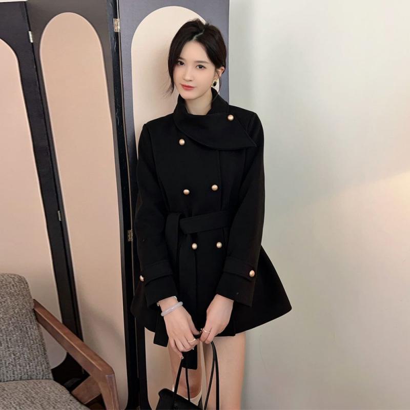 

2026 Black High-End Short Woolen Coat with Scarf – Slimming Autumn/Winter Jacket M чорний