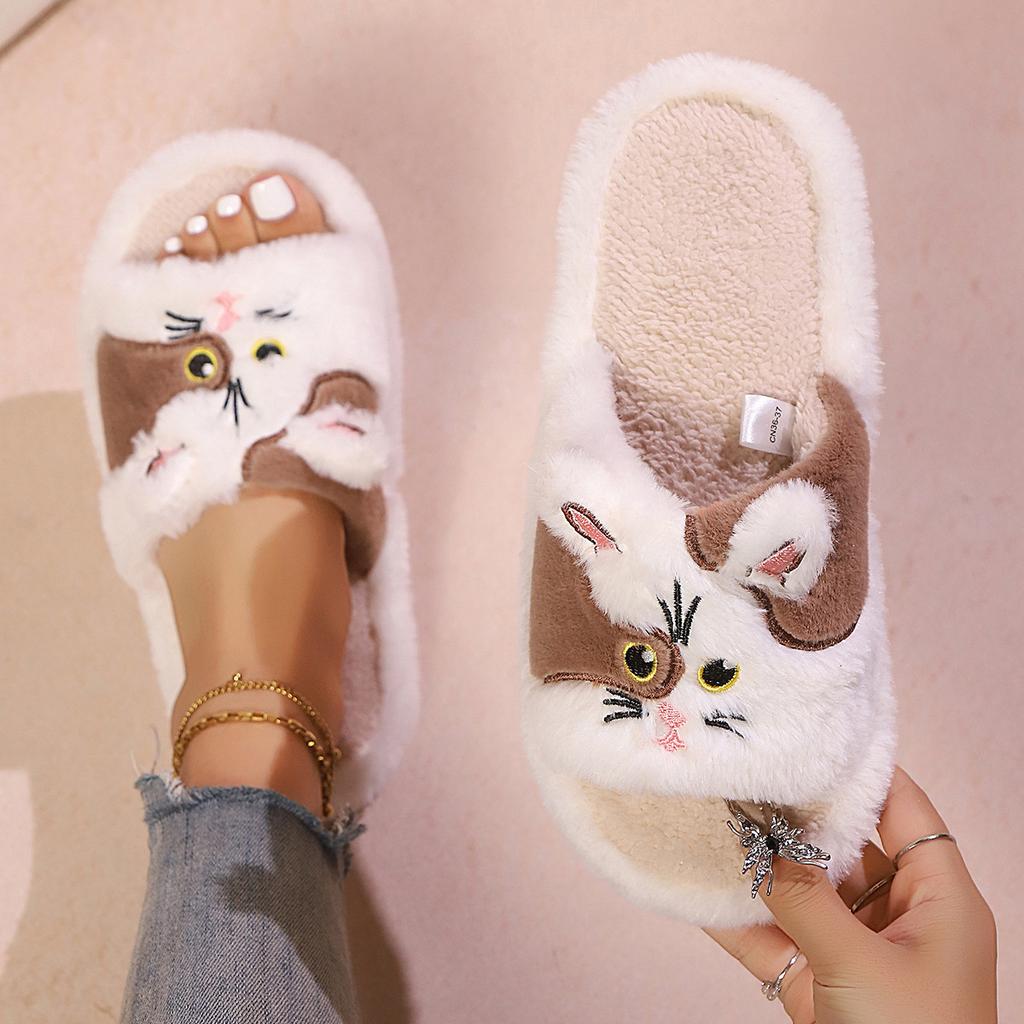 Spring and Autumn new fashion cartoon cute cat slippers Korean version of warm one-word fluffy slippers open