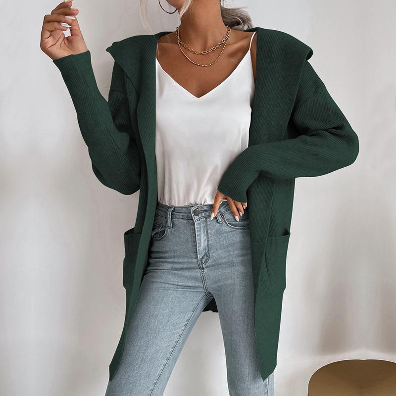 

Повседневный тренд, универсальный, осенне-зимний, женский свитер с капюшоном и полосками, кардиган, женская куртка L зелёный