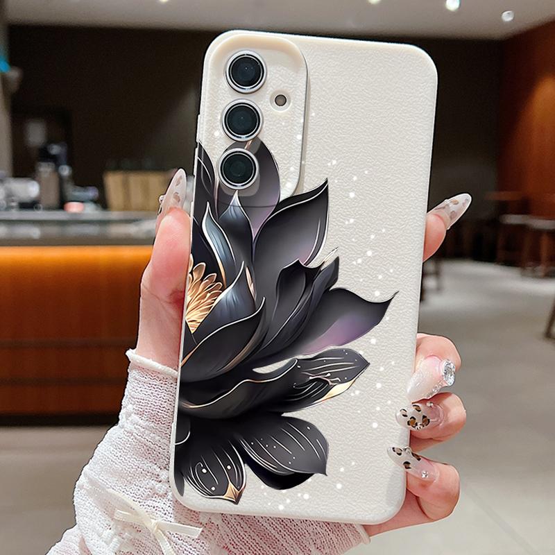 Black Lotus Pattern Case For Samsung Galaxy S24 S25 Ultra Edge S23 Plus S22 S21 FE A34 A54 A15 A35 A55 A16 A26 A36 A56 5G Capa
