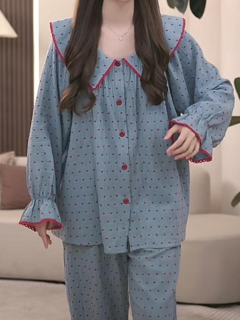 Women's Polka Dot Cloud Cotton Pajama Set - Sweet Korean Style with Large Lapel, Long Sleeves, and Pants for Spring, Autumn, and Winter.