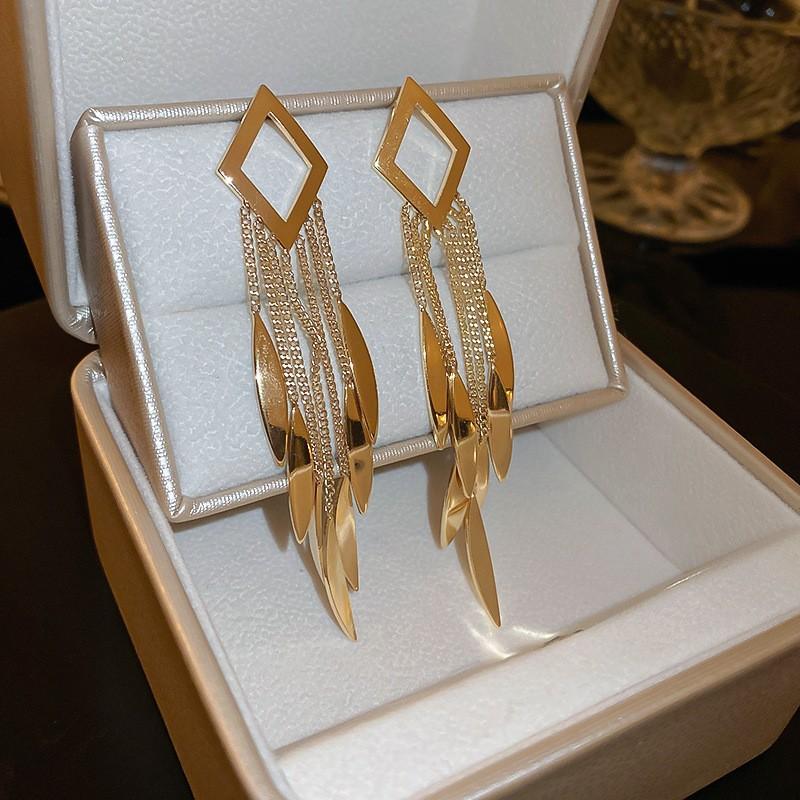 Silver Needle Metal Style Long Zircon Leaf Tassel Earrings Exquisite Fashion Earrings Cold Wind Light Luxury Temperament Earrings