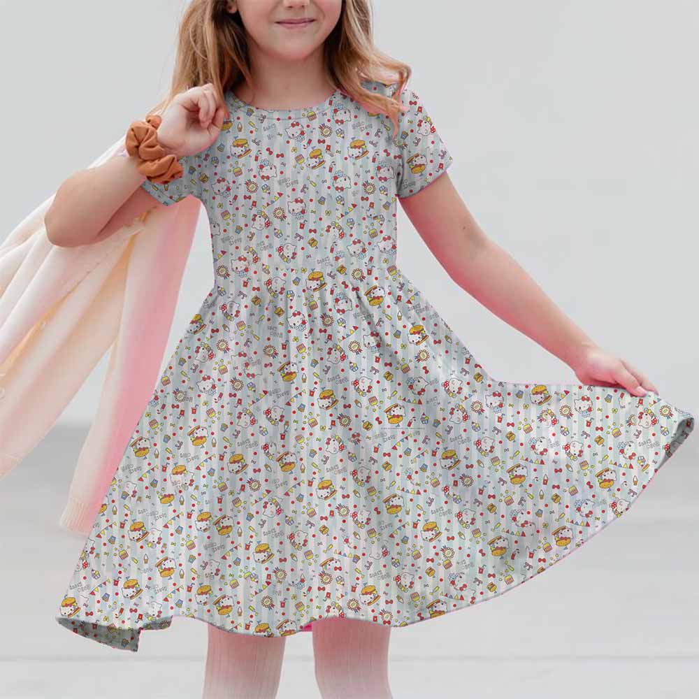 Sanrio New Summer 3-14 Year Old Girl Kuromi Hello Kitty Printed Short Sleeved Dress Loose And Comfortable Party Home Dress