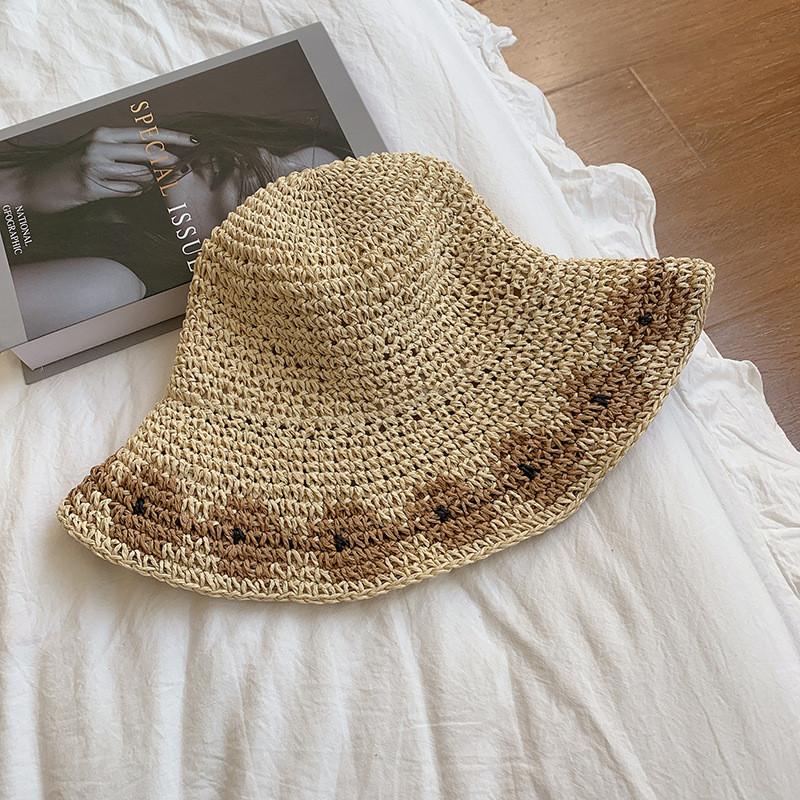 Fashionable Round Top Straw Hat For Women Sunshade Uv Protection Beach Hat