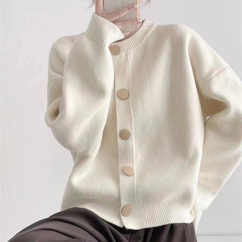 Spring and Autumn New Crew Neck Lazy Wind Single-breasted Solid Color Casual Knitted Cardigan Sweater Women's Jacket