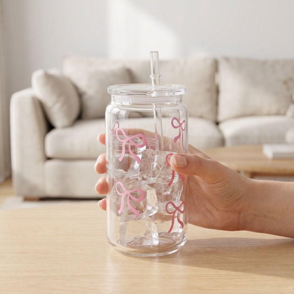 Transparent Clear Straw Cup With Lids Drinking Cup Sweet Bow Cup Student