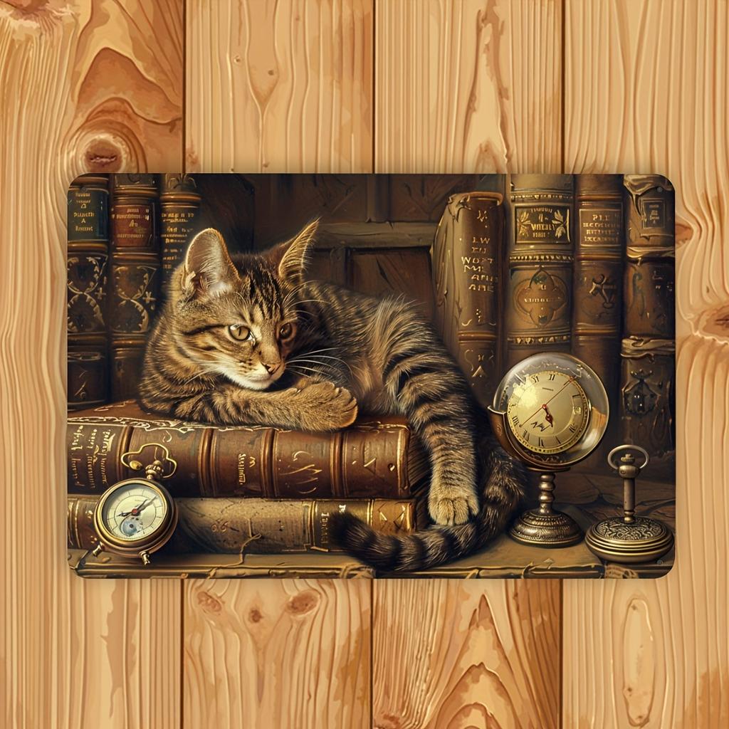 Vintage Cat in Book Metal Tin Sign | Indoor/Outdoor Wall Decor for Home, Bedroom, Bar, Cafe, Library & Garage