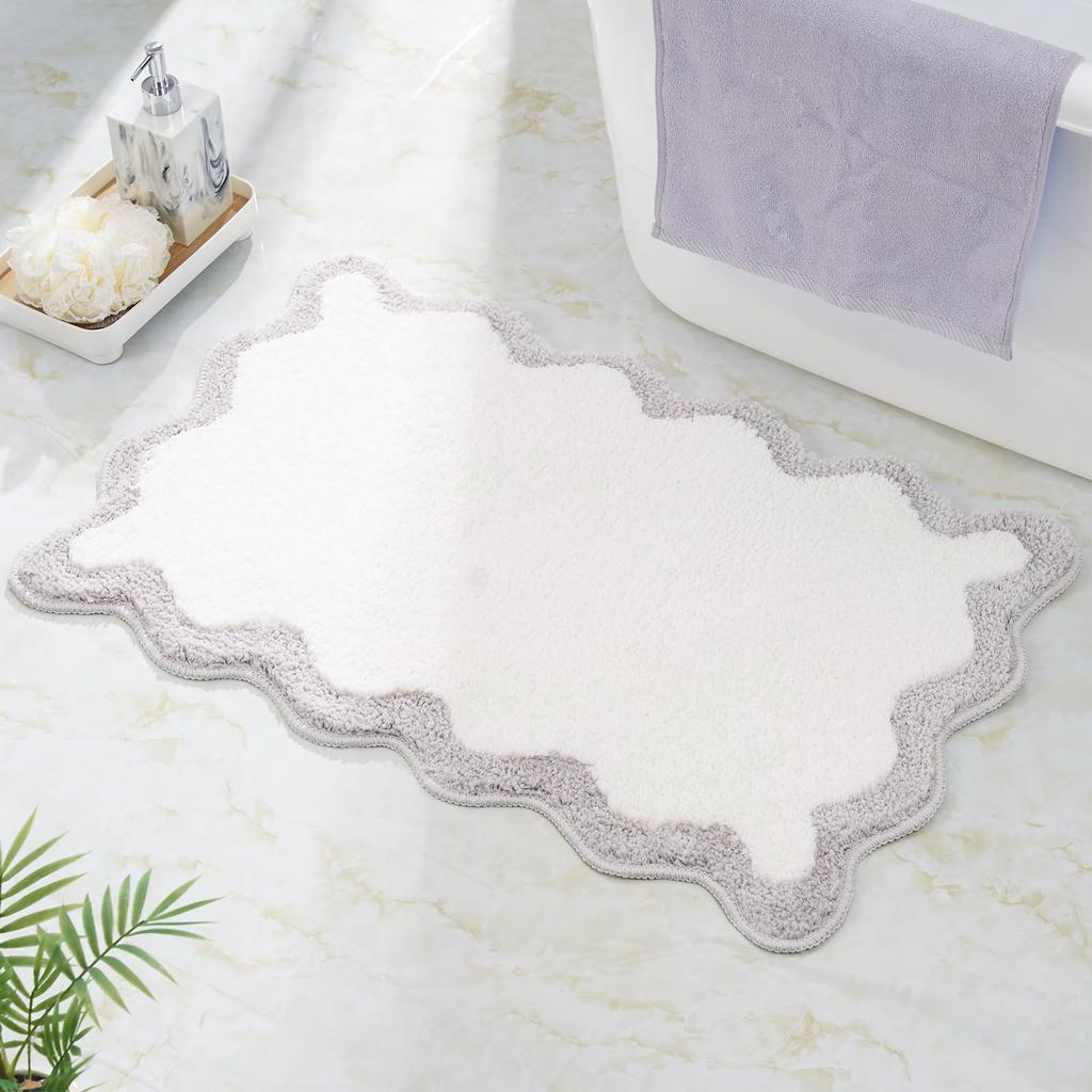 Luxury Cute Bathroom Rugs, White Bath Mat W/Blue Scalloped Edge, Microfiber Aesthetic Trendy Funky Fun Preppy Rug