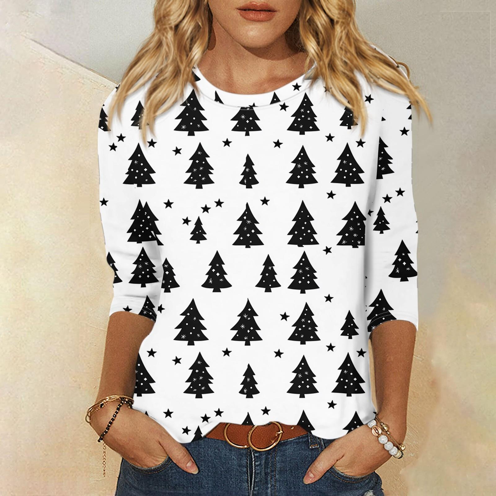 

Жіночі сорочки з рукавами 3/4 Милі футболки з різдвяним принтом Блузки Повсякденні топи великих розмірів Пуловери XXXL білий