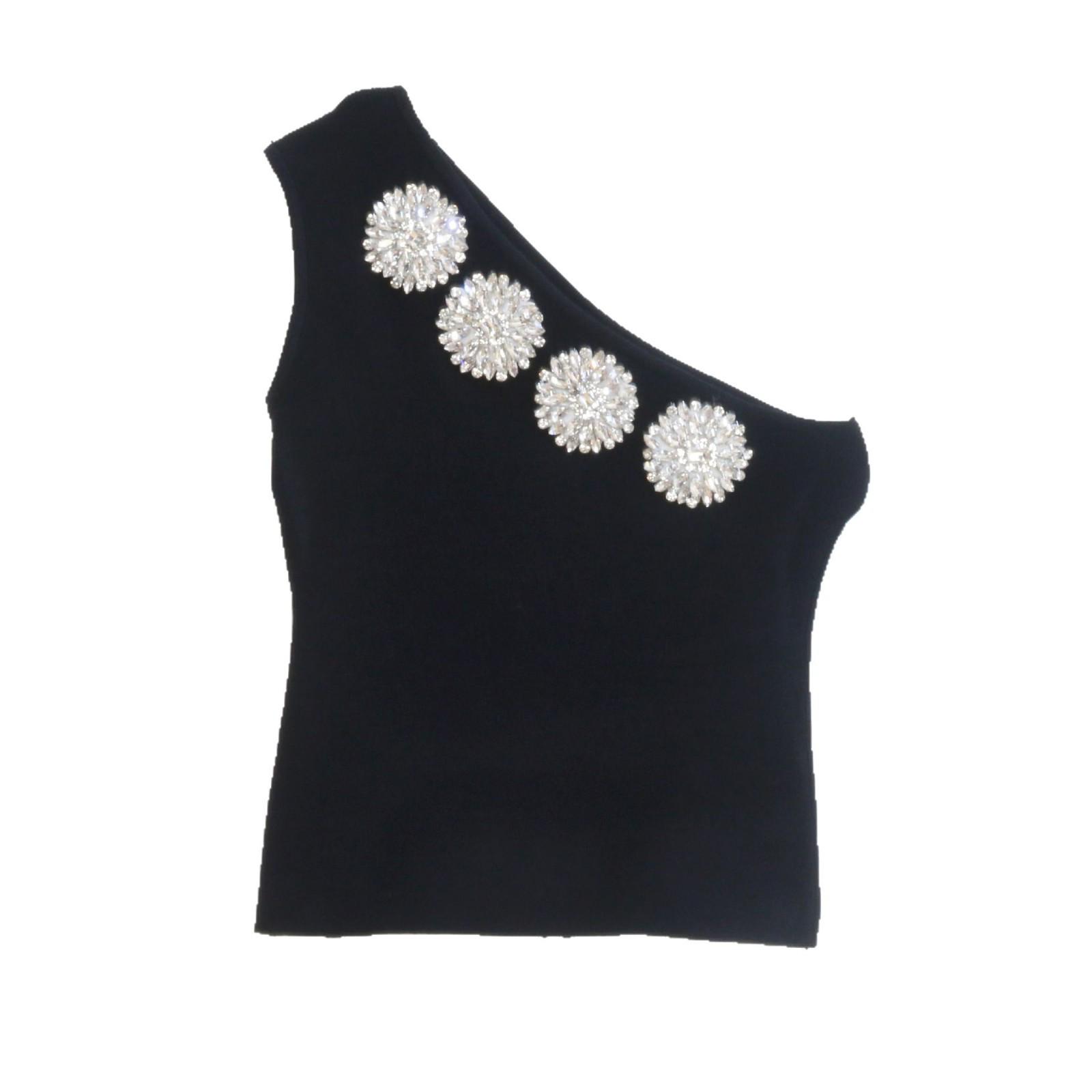 

Топ-бандо на одно плечо со стразами и открытой спиной - Сексуальный и шикарный женский вязаный топ на весну/лето L