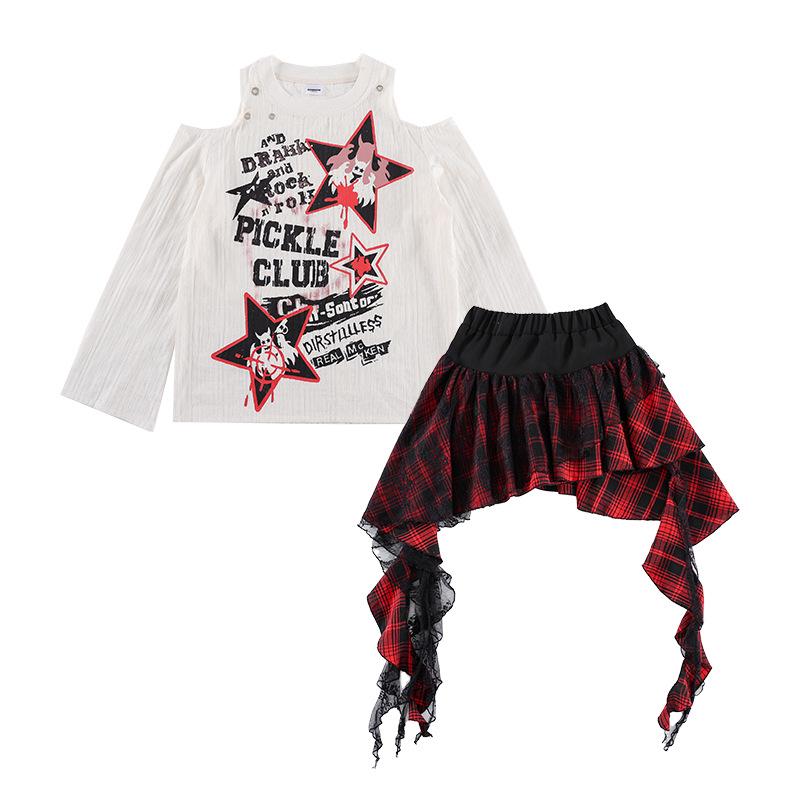 

Модный комплект для джазовых танцев с открытыми плечами для девочек с клетчатой мини-юбкой для K-pop выступления 120cm