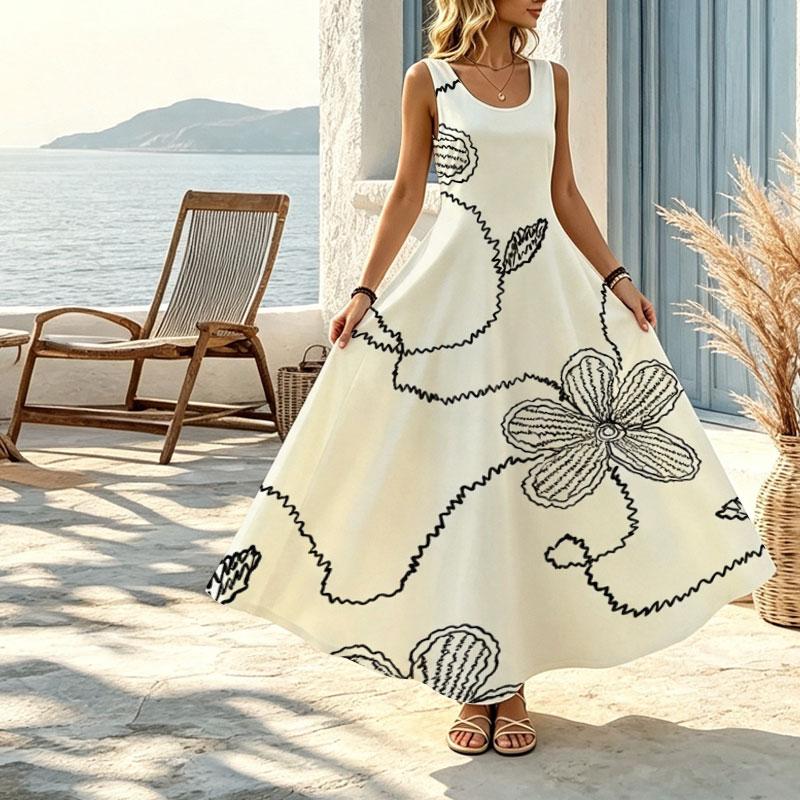 Women's Beach Maxi Dress Sleeveless Loose Fit,Lightweight Breathable Fabric,Simple Floral Pattern,Elegant,Versatile for Home & Outdoor Vacation Casual