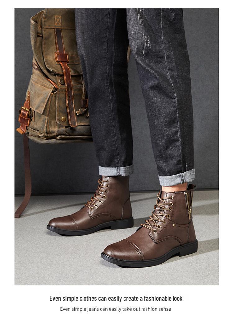 Men's British Style Winter Leather High-Top Boots for Casual Outdoor Workwear