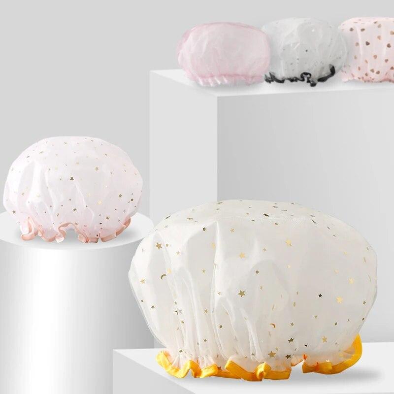 Touca de banho dupla camada para adultos e mulheres, chapéu de banho impermeável de PVC, à prova de óleo para cozinha e banheiro, touca de banho doméstica