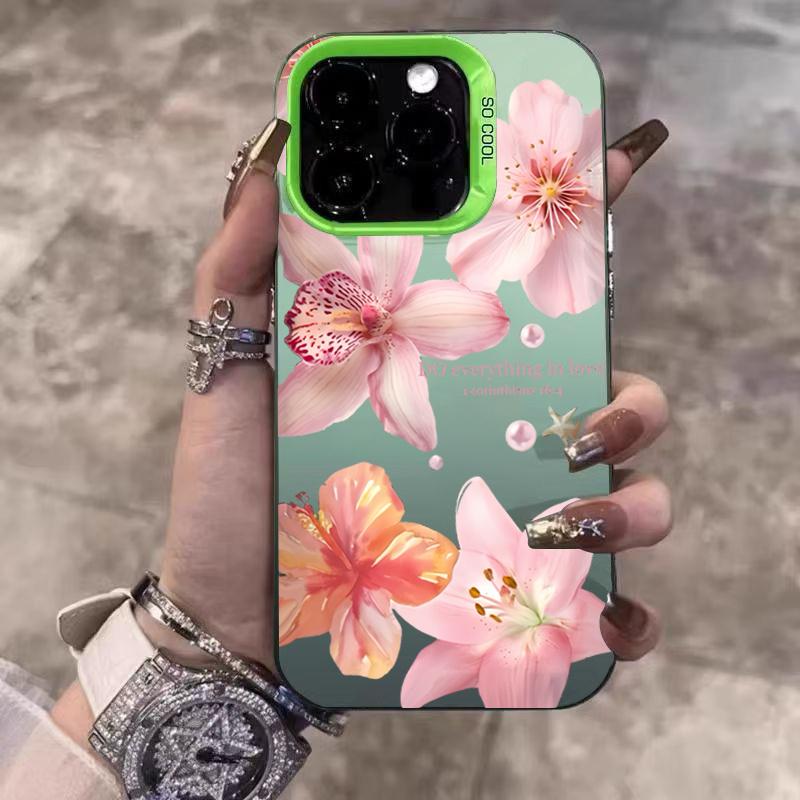 Lily Flower Print IMD Material Silvery Phone Case for iPhone 16 E 15 14 13 12 11 Pro Max XS XR X 7 8 15 16 Plus Shockproof Cover