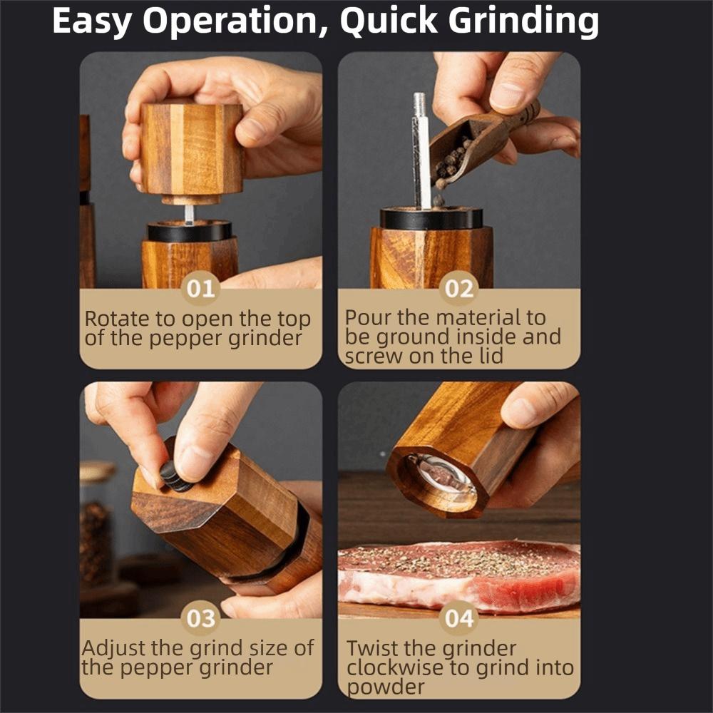 Acacia Wood Pepper Spice Mill Portable Adjustable Coarseness Handheld Salt Grinder Refillable Manual Pepper Salt Grinding Bottle