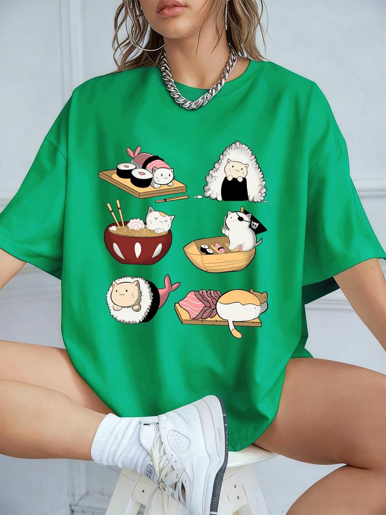 Kawaii Sushi Cats Printing TShirts Womens Summer Cotton Short Sleeve T Shirt Loose ONeck Comfortable Tops Casual Woman Clothes