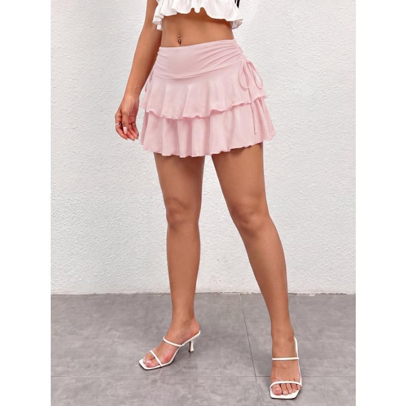Women High Waist Drawstring Solid Cake Short Skirt Casual Summer Halfbody Skirt