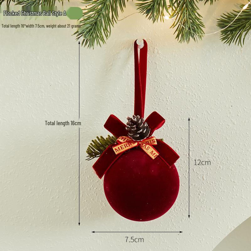 Wine Red Flocked Ball Christmas Bells Window Decor Pendant