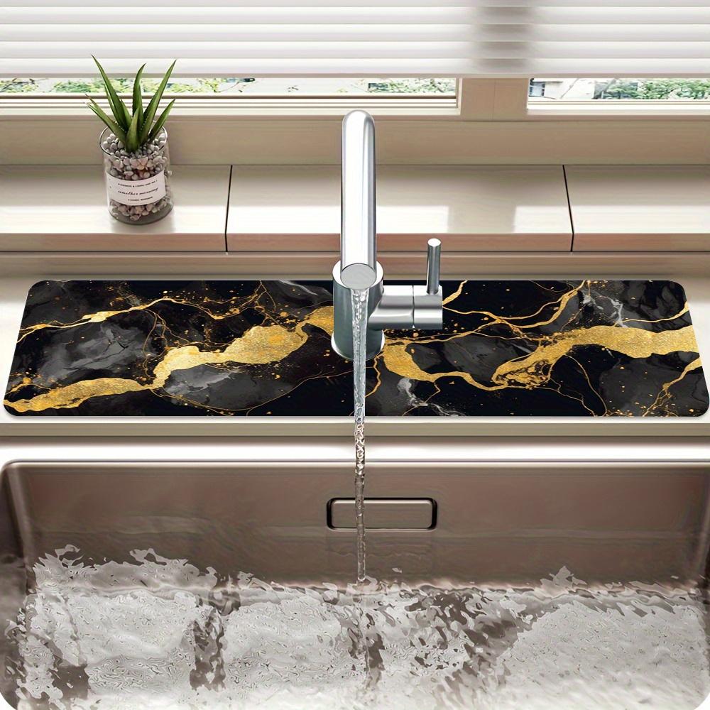 1 Pezzo Tappetino Assorbente per Lavello Faucet, Tappetino Drenante, Lavello Cucina Bagno, Tappetino Drenante per Piano di Lavoro, Modello Marmo Nero Dorato
