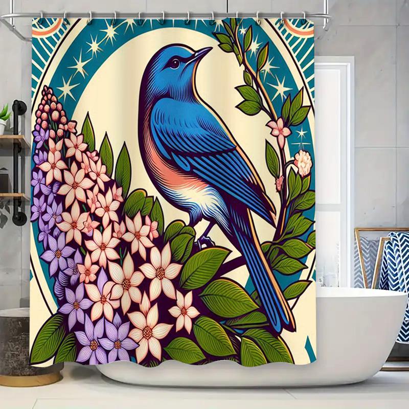 

Creative Bird Bath Shower Curtain Bluebird Floral Design Decorative Waterproof Bathroom Hanging Canvas Fabric Custom Size Availa W60H190(CM)-1 Pcs