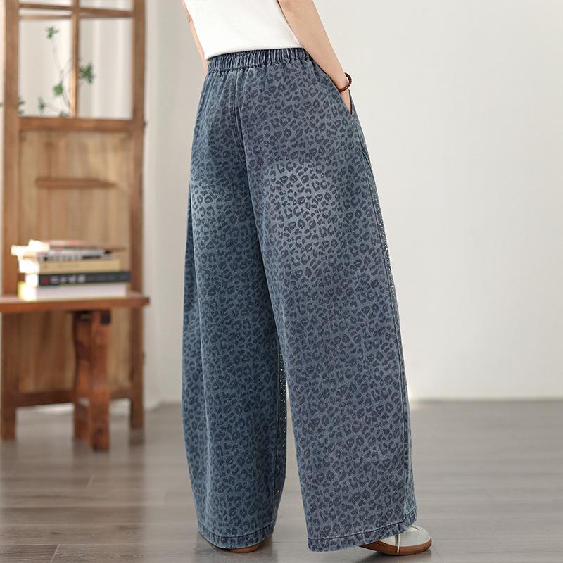 Leopard Print Rhinestone Plus Size Wide-Leg Denim Pants - Elastic, Loose, Slimming, Versatile Casual Wear