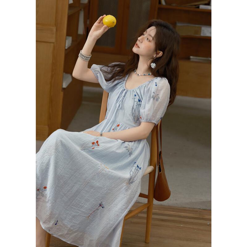 Meixiu French Botanical Embroidery Lyocell Tie-Sleeve Long Dress