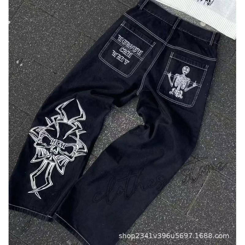 Mens Y2K Hip Hop Wide Leg Straight Fit Denim Jeans - Washed Cotton Loose Streetwear Style