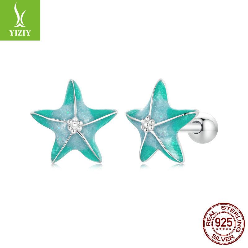 

Blue-Green Starfish Threaded Stud Earrings, Summer Small Fresh S925 Sterling Silver Star Stud Earrings.