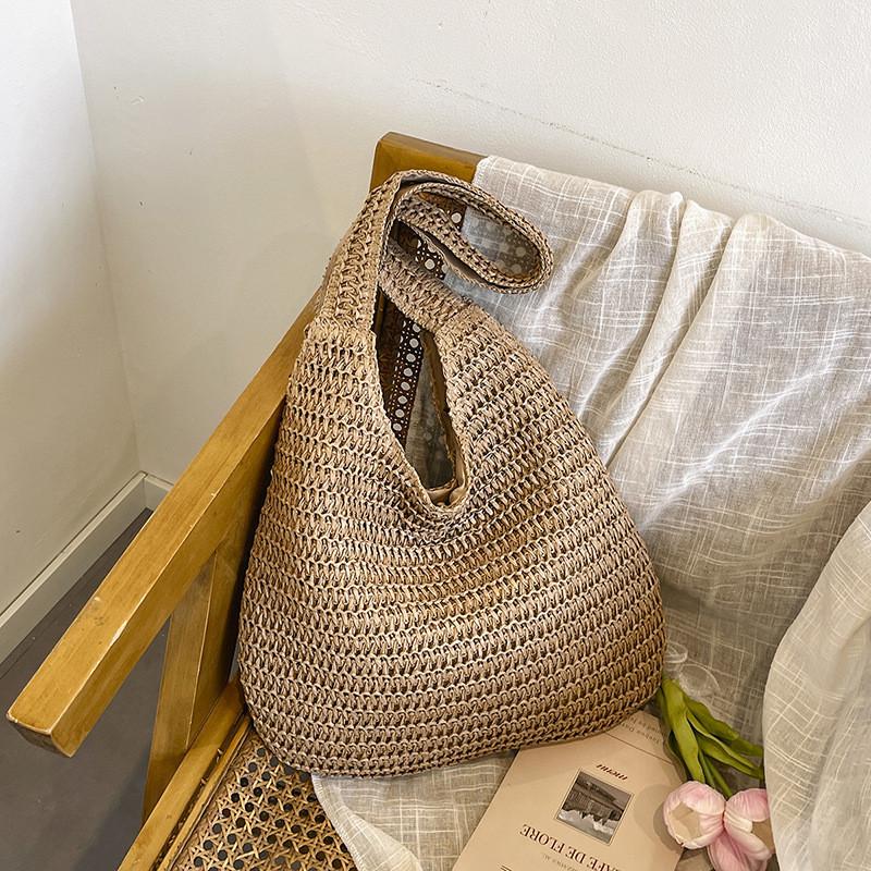 Summer Boho Woven Bag With Zipper Closure For Beach And Casual Use