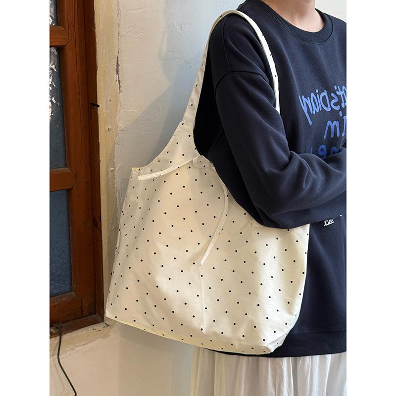Korean polka dot bow canvas bag women's 2025 new summer shoulder tote bag daily commuter armpit bag