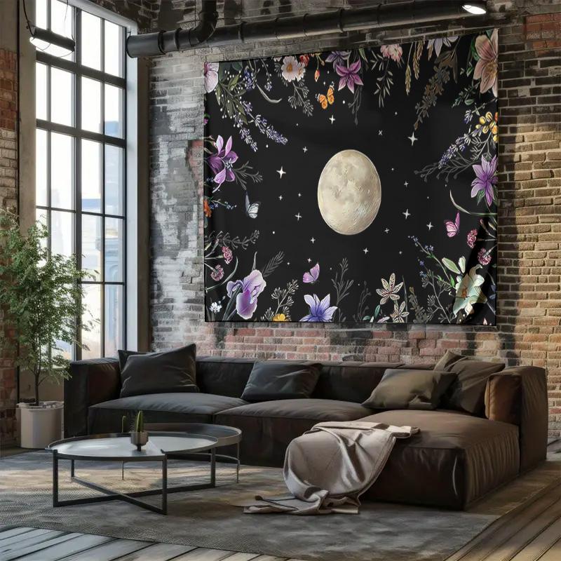 Moonlit Night Butterfly Tapestry with Starry Sky and Flowers  Wall Decor for Bedroom Living Room Background
