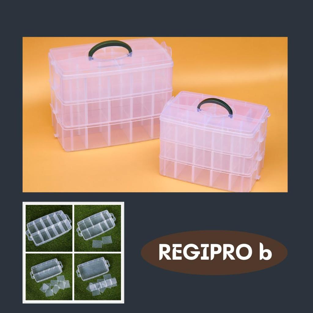 RegiProb Clear Storage Case, 3 Tiers, Toys, Small Items, Parts, Grid, 32cm x 18cm x 24.5cm (Large)