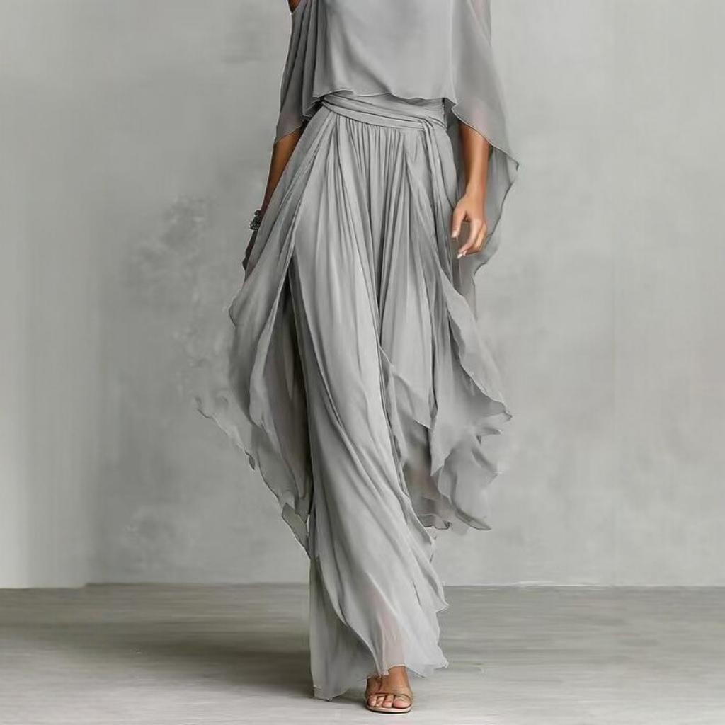 Women's Loose Fit Two Piece Outfit Set Off Shoulder 3/4 Sleeve Top High Waist Wide Leg Pants