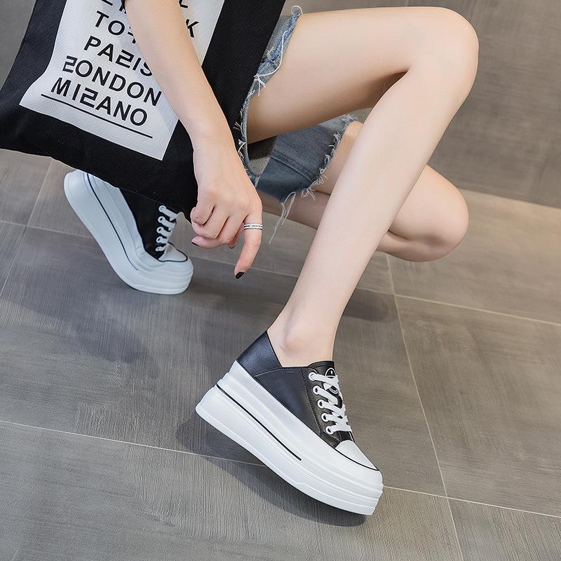 Inner Height Increase 8CM Leather Little White Shoes Women, Spring and Autumn New Versatile Korean Version Thick-soled Muffin Casual Shoes