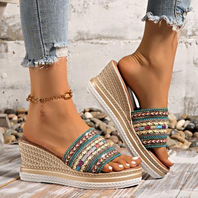 Bohemian Striped Braided Wedge Sandals Women Summer Thick Sole Outdoor Beach Slides Woman Plus Size 43 Fashion Platform Slippers