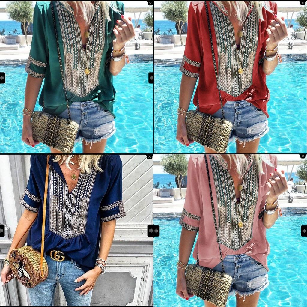 Stunning Womens Vintage Striped V Neck Loose Shirt Tops Half Sleeve Boho Blouse Plus Size